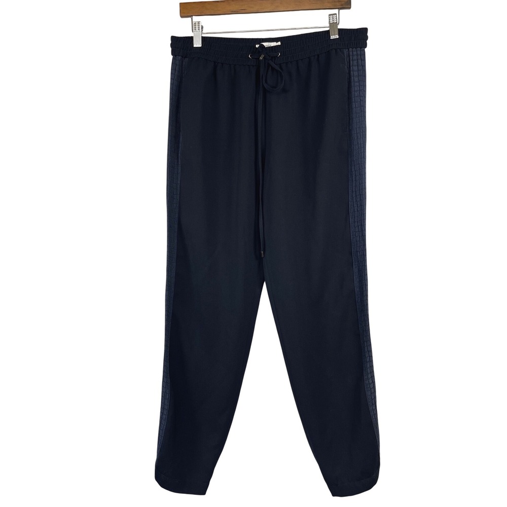 Vince Womens Crepe Joggers L Black Drawstring Pockets Silk Trim Quiet Luxury